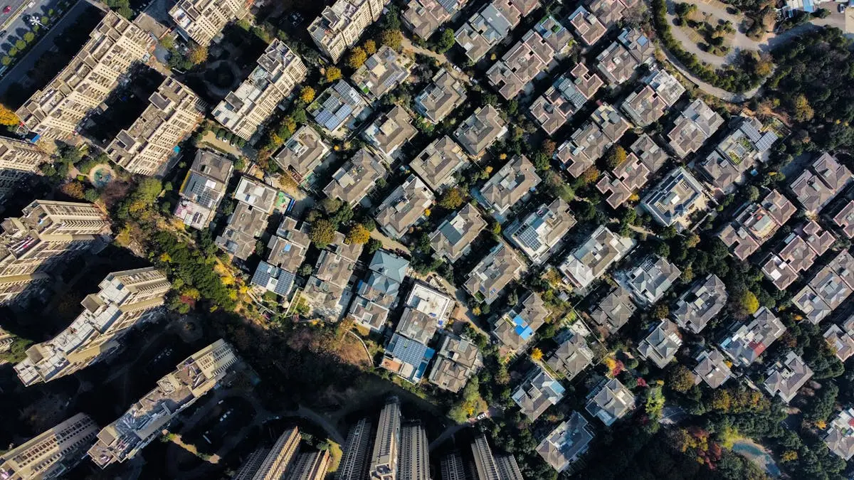 Aerial view of an urban residential district used to convey real estate market intelligence